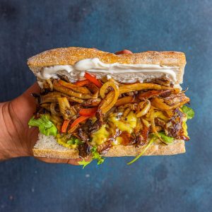 An image of Cheesy oyster mushroom "steak" sandwich