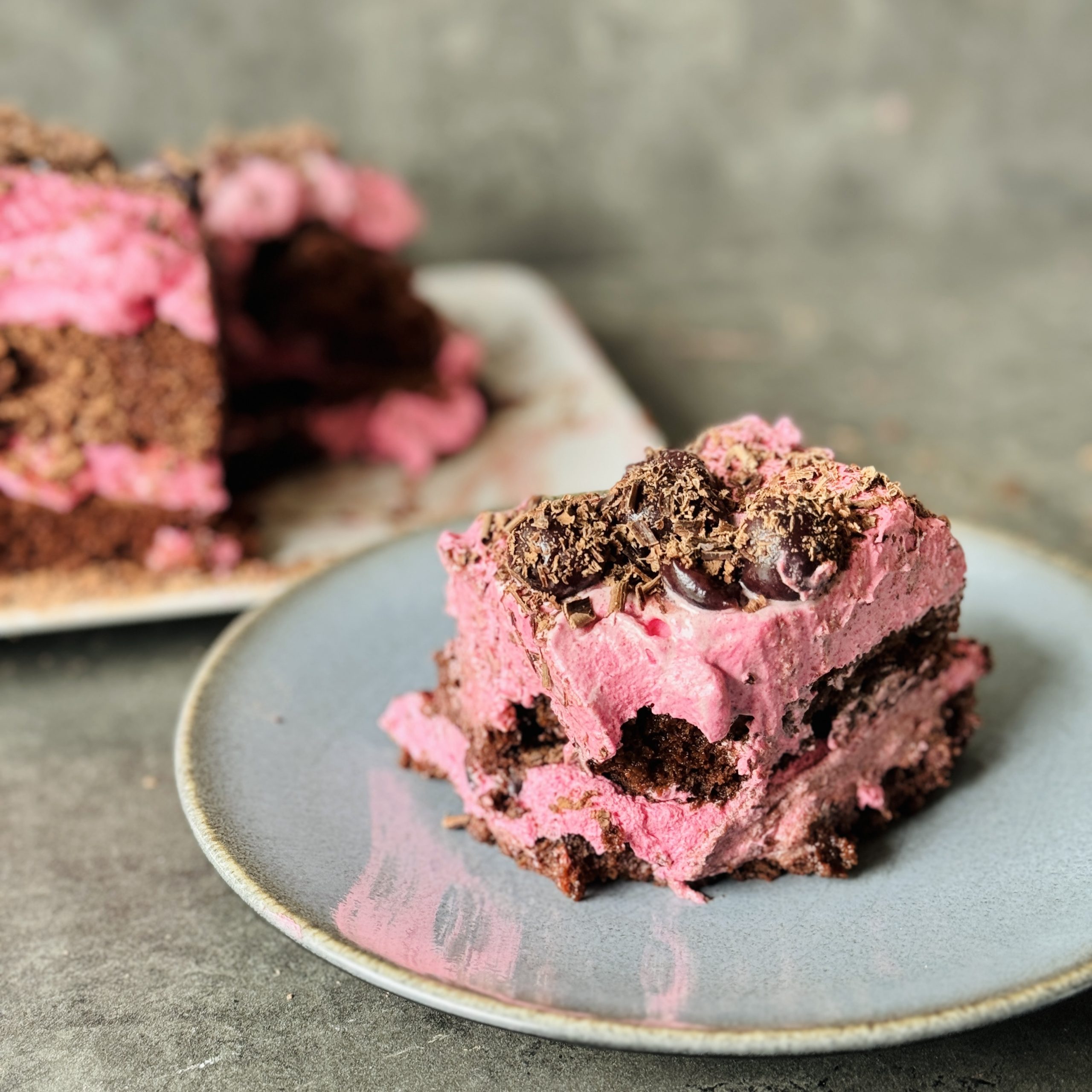 An image of Chocolate and Cherry Tiramisu with Pink Beet Cream