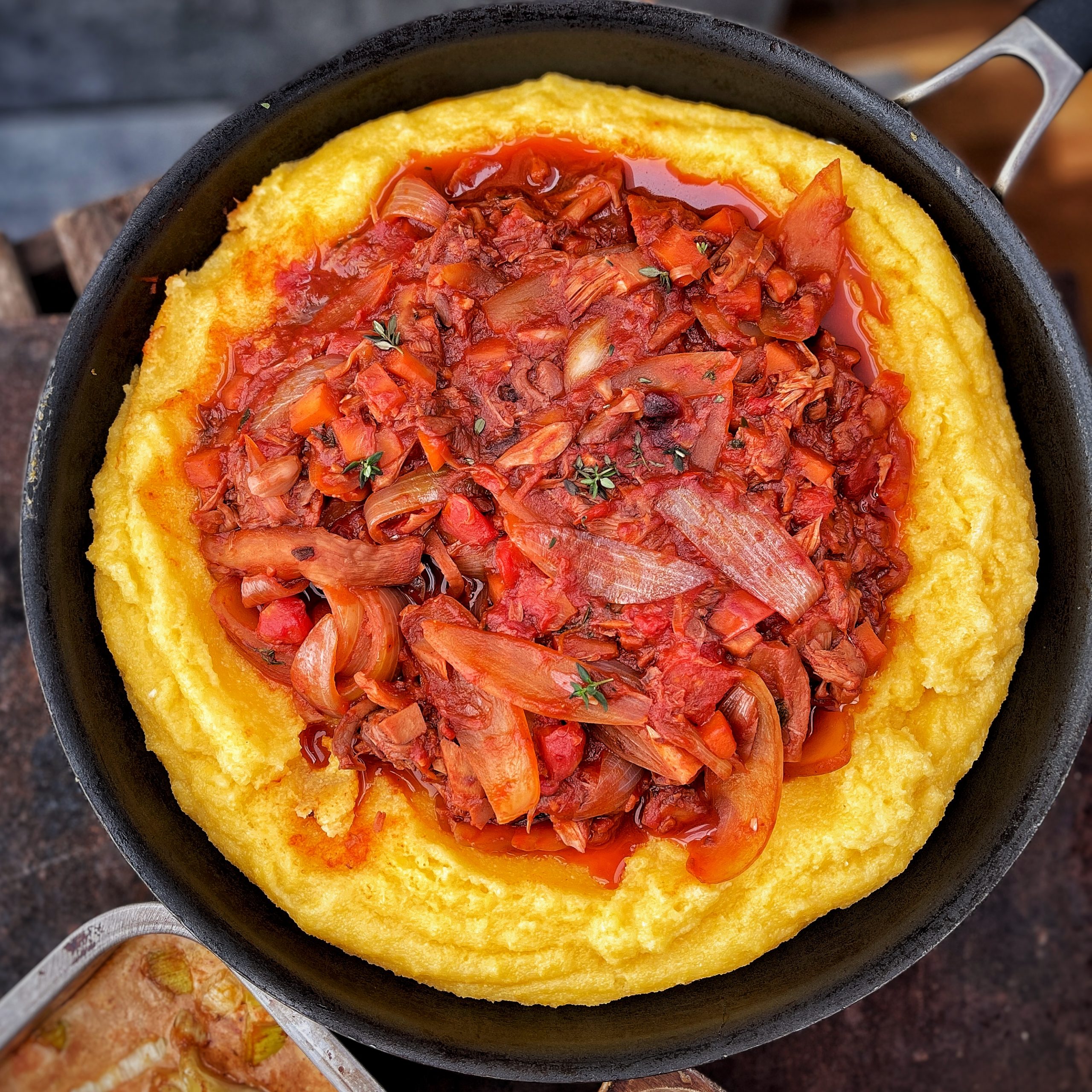 An image of Mushroom, jackfruit & thyme Bourguignon with cheesy polenta