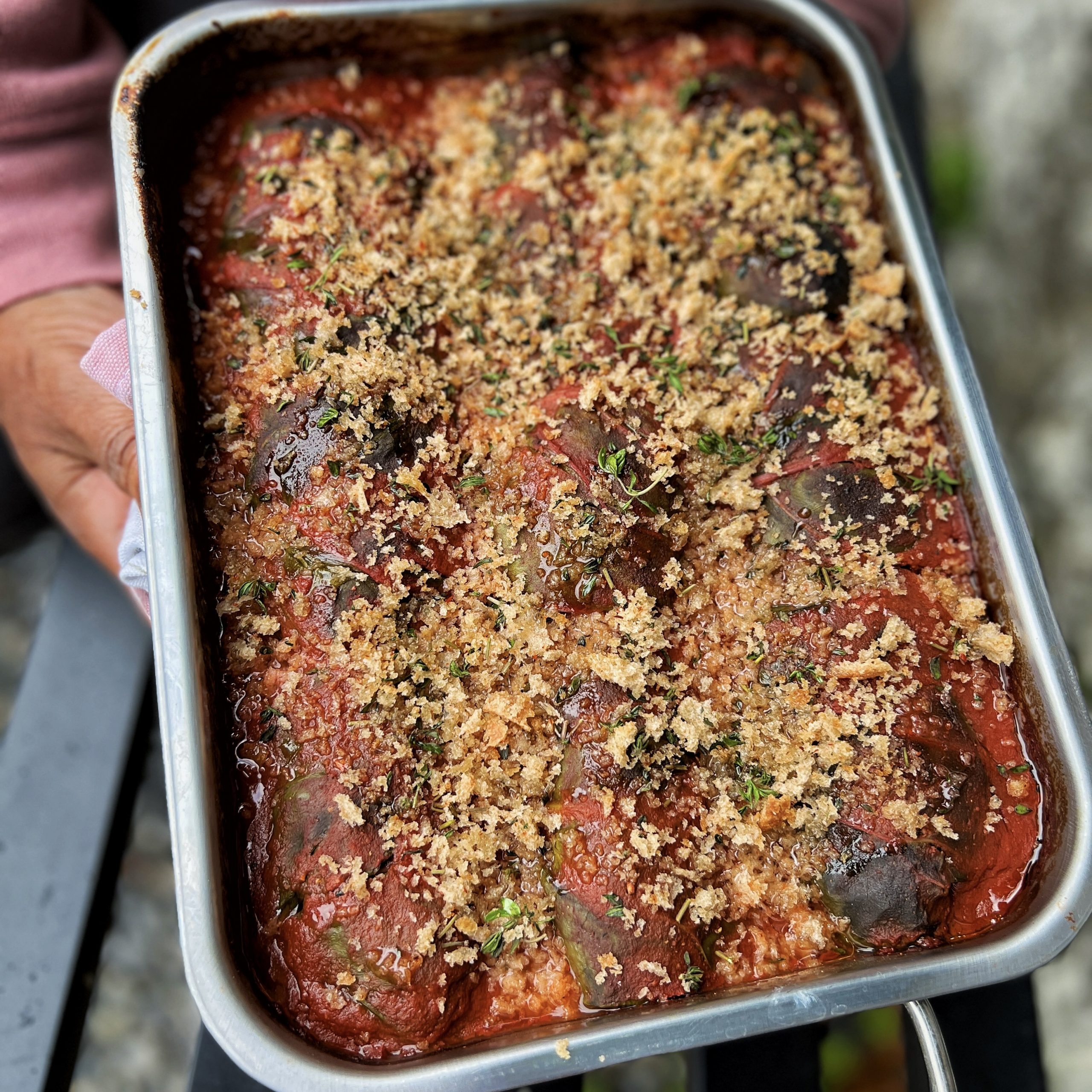 An image of Baked Stuffed Chard Parcels in a Sweet Tomato Sauce