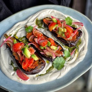 An image of Creamy Harissa Aubergine with Zhoug