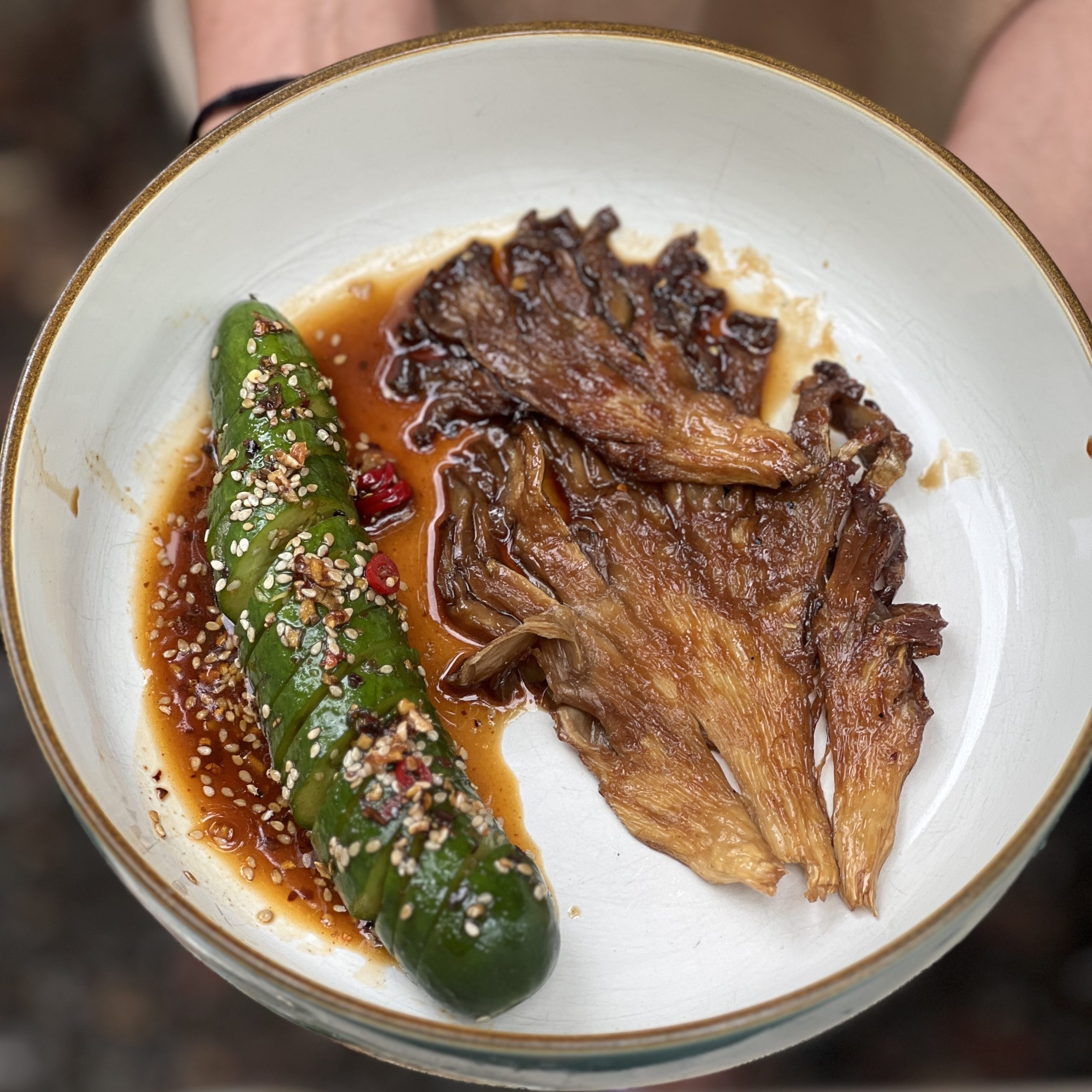 An image of Oyster Mushroom Steaks with Ginger and Sesame cucumbers