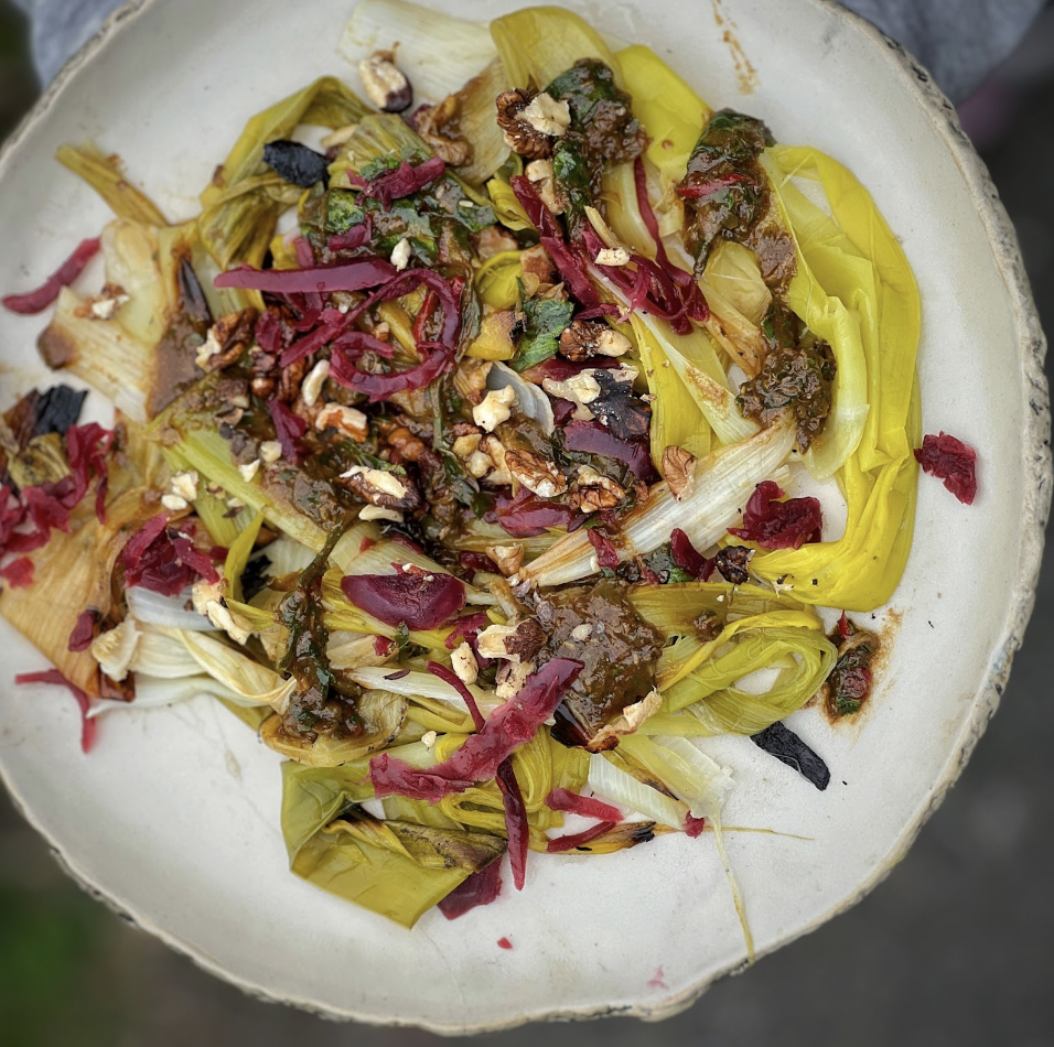 An image of Burnt leek Spaghetti and Miso Salsa