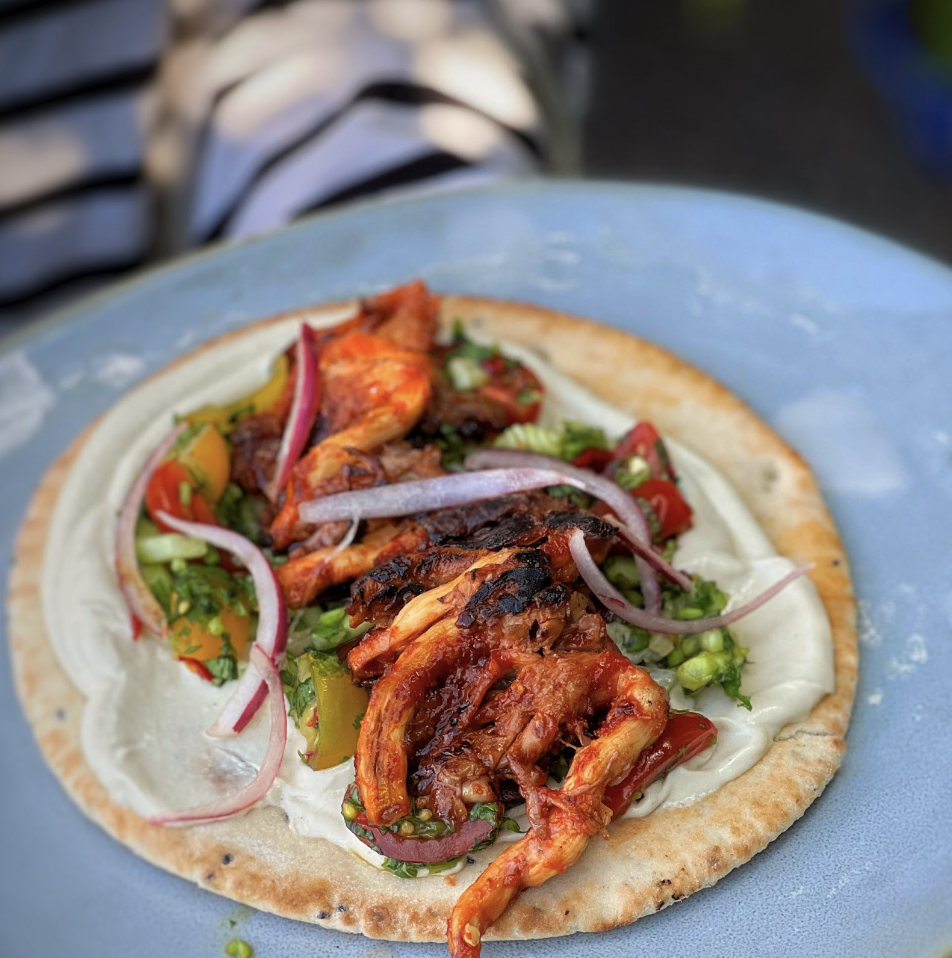 An image of Mushroom Shawarma Skewers on Flat Breads