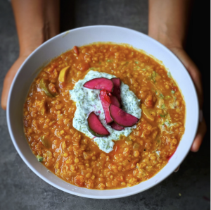 An image of Summer Lentil Dal with Cucumber Pickle and Coriander cream