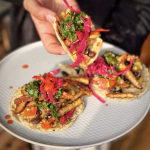 An image of Mexican Style Corn Tacos with Chimichurri and a “Meaty” Black Bean Salsa